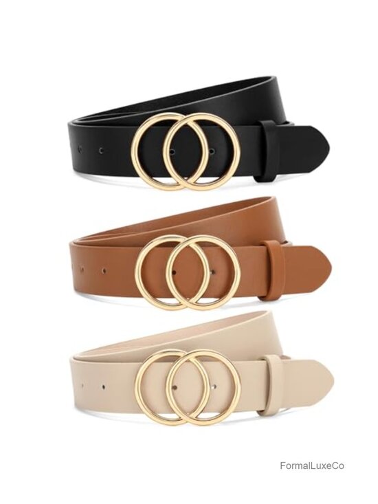 3 Pack Women Waist Belts for Jeans Pants Dresses, Double O-Ring Gold Buckle